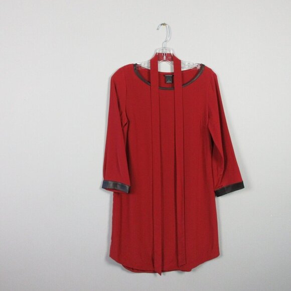Club Monaco 100% Silk Dress 4 Red Leather Trim Long Sleeve Belted Boxy Shift 134 - Picture 1 of 11